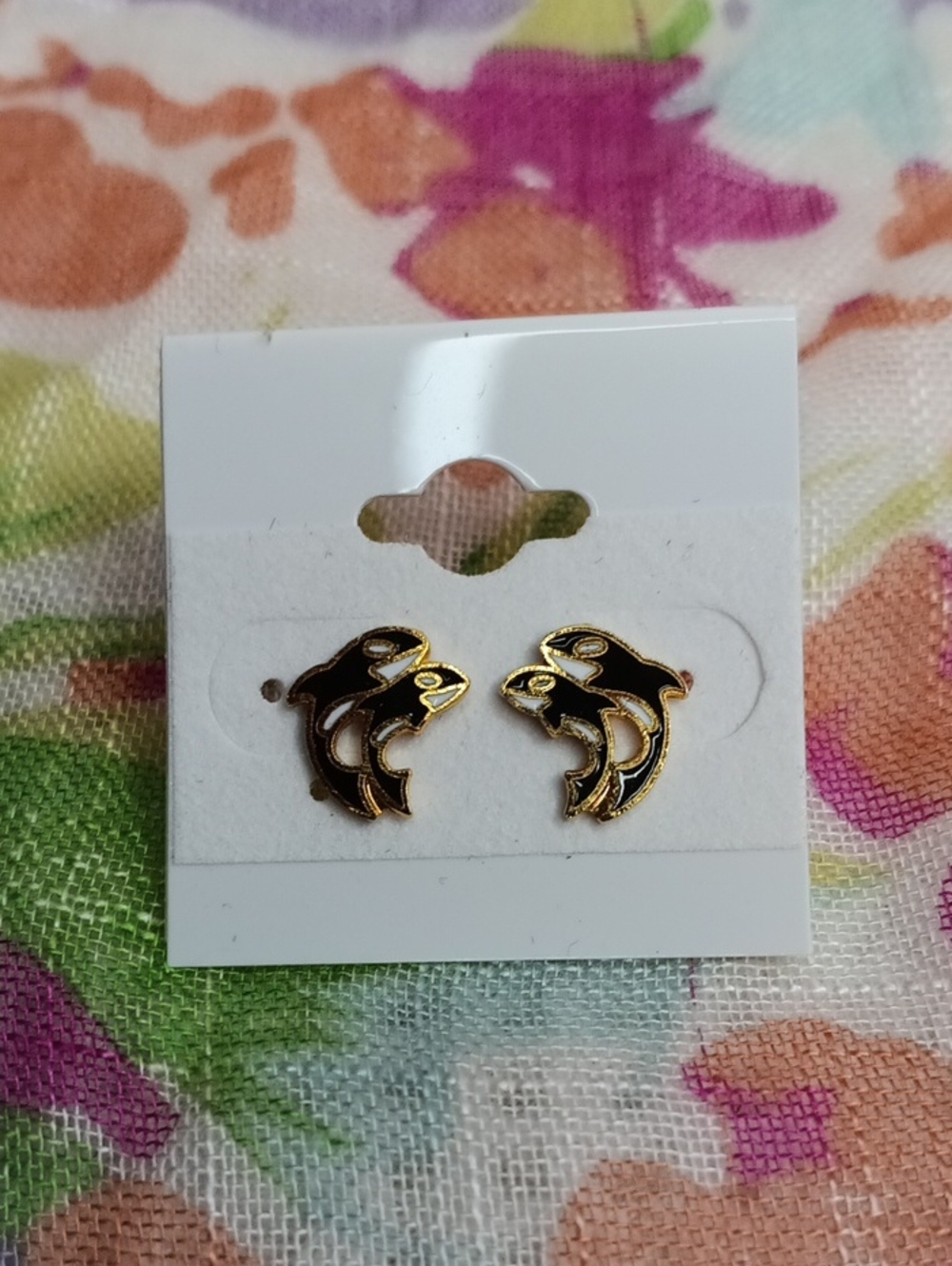 Orca Whale Stud Earrings Black & Gold Enamel Vintage